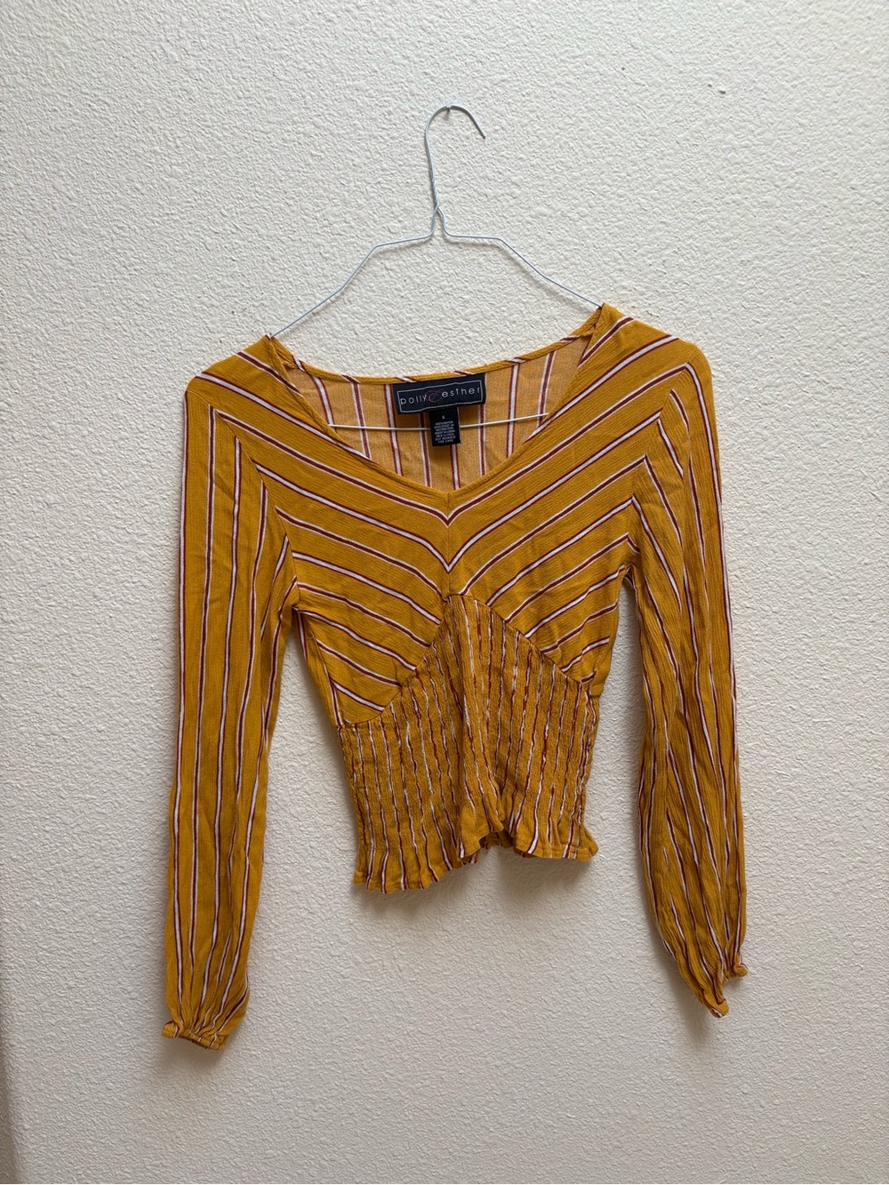 Polly & Esther Mustard Striped Long Sleeve V-Neck Smocked Top
